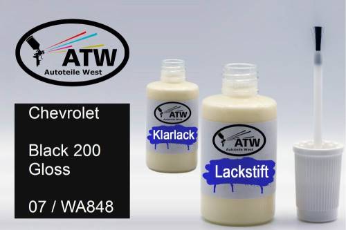 Chevrolet, Black 200 Gloss, 07 / WA848: 20ml Lackstift + 20ml Klarlack - Set, von ATW Autoteile West.